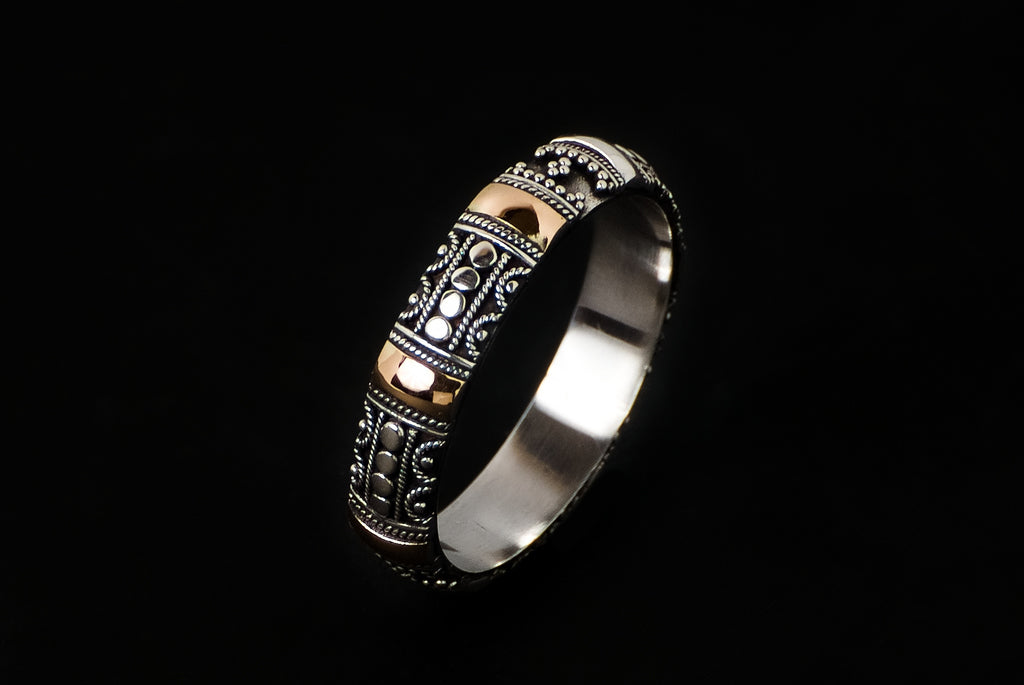 Ring Silver Gold Full Decor 4mm - Bambu Silver Jewellry