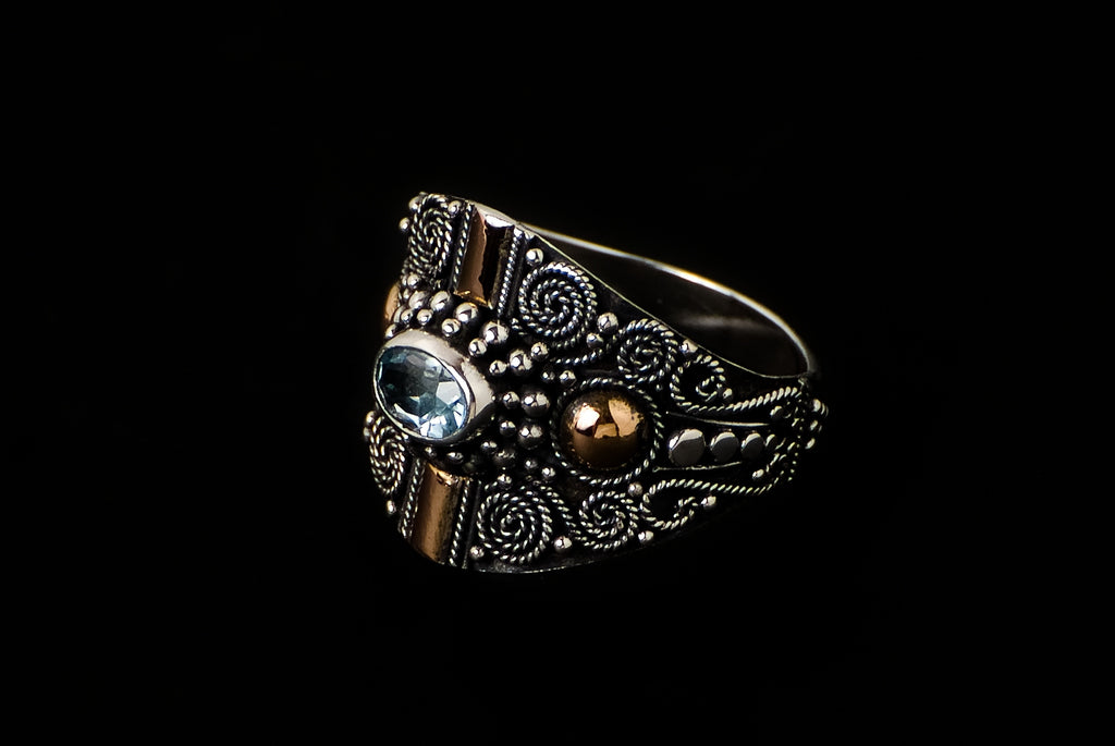 Ring Silver Gold Abstract with Stone 1.6cm - Bambu Silver Jewellry