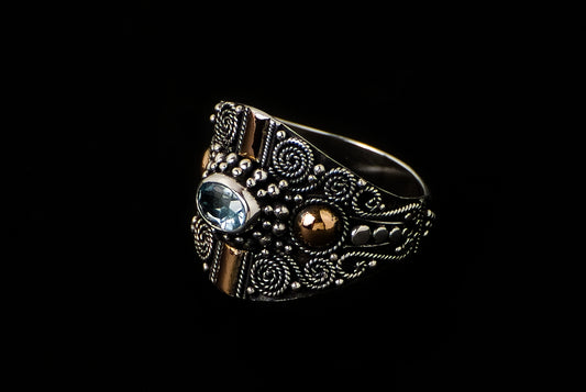 Ring Silver Gold Abstract with Stone 1.6cm - Bambu Silver Jewellry