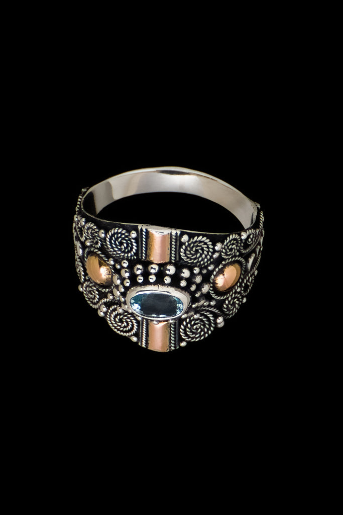 Ring Silver Gold Abstract with Stone 1.6cm - Bambu Silver Jewellry